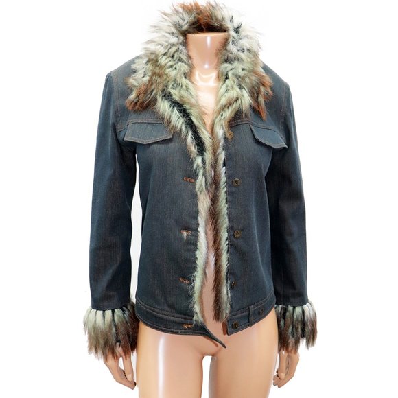 Y2K Jex Collection Denim Jacket Faux Fur Trim M-L - Picture 3 of 9